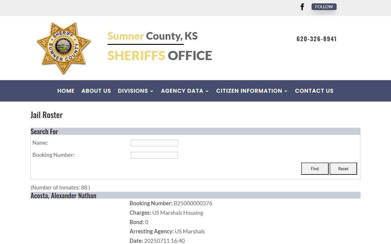 Sumner County jail roster search fields and inmate population results